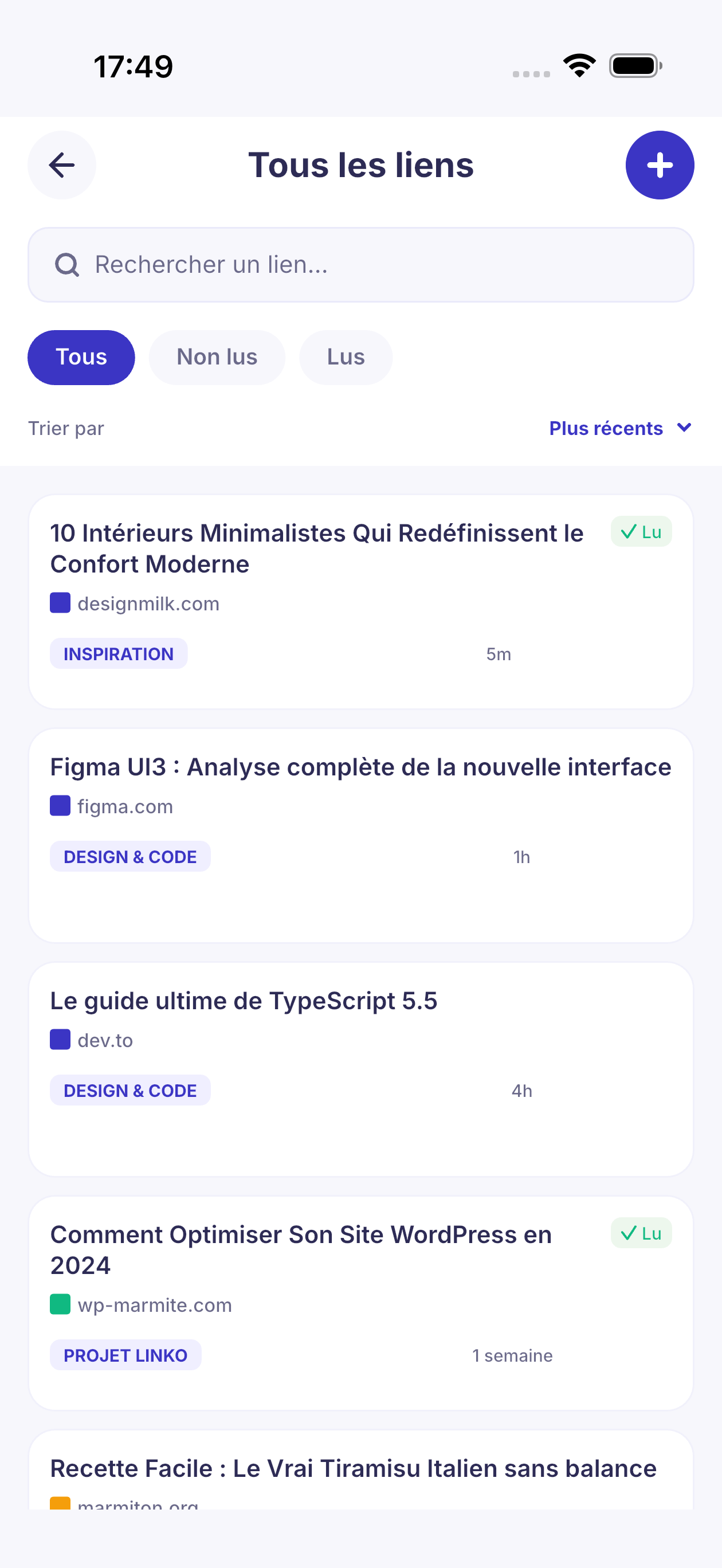 La liste de tous vos liens enregistrés dans Rinku